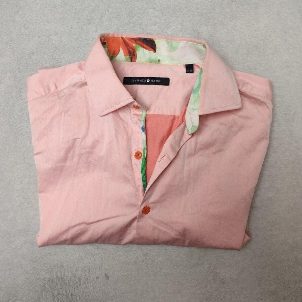 Hammer Made Shirt Mens M Pink Solid‎ Button Up Short Sleeve Floral Trim Casual